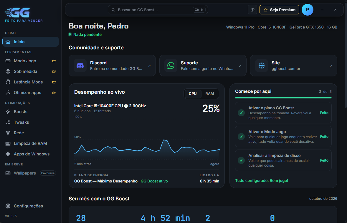 Tela inicial do app GG Boost: menu lateral com Modo Jogo, Sob medida, Latência Mode e Otimizar apps, atalhos para Discord, Suporte e Site, gráfico de desempenho ao vivo e a lista Comece por aqui.